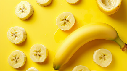 A banana is sliced and arranged on a yellow background. - obrazy, fototapety, plakaty