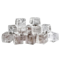 A pile of clear ice cubes on a white background.
