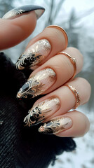 A woman holding up her nails with gold and black designs. - obrazy, fototapety, plakaty