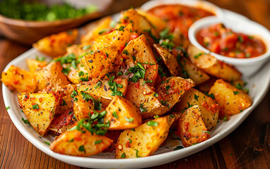 A plate of potatoes with herbs and sauce. - obrazy, fototapety, plakaty