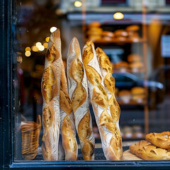Breads in a bakery window. - obrazy, fototapety, plakaty