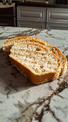 A slice of bread on a marble counter. - obrazy, fototapety, plakaty