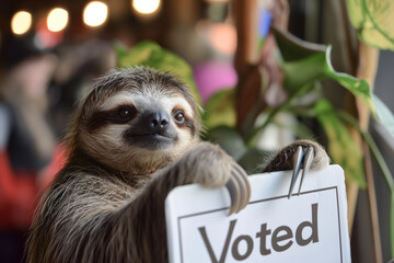  The elections. Threetoed sloth holding a voted sign in its paws in a wildlife event. Generative AI