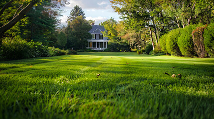 A large house in the middle of a green lawn. - obrazy, fototapety, plakaty
