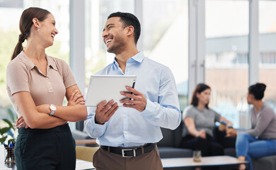 Businesswoman, man and tablet in laugh, happy and office for collaboration or teamwork as colleagues. Group, people and tech for digital, online and workplace as coworkers in conversation at job