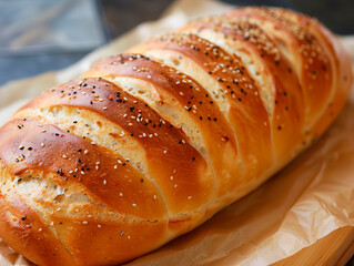 A loaf of bread with sesame seeds on top. - obrazy, fototapety, plakaty