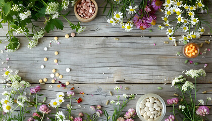 Different pills, herbs and flowers on wooden table, closeup. Dietary supplements - obrazy, fototapety, plakaty