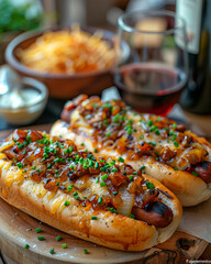 Two hot dogs with onions and cheese. - obrazy, fototapety, plakaty