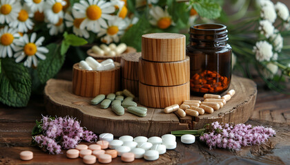 Different pills, herbs and flowers on wooden table, closeup. Dietary supplements - obrazy, fototapety, plakaty
