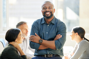 Business, black man and happy in office on portrait for career or job growth and opportunity as...