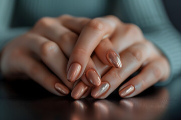 Fashionable Woman's Hand adorned with UV Gel Nails in Rose Gold