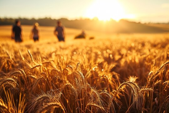 Busy farmers at work in golden wheat fields under the sun,  farmers inspecting winter wheat crops, Ai generated