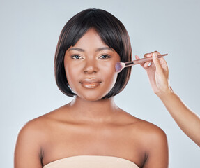 Makeup brush, hands or portrait of black woman in studio for cheek, powder or cosmetic application...