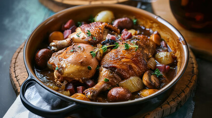 French Coq Au Vin Dish, Stew Made With Rooster,Cooked in Red Wine with Mushrooms, Lardons, Onions and Garlic