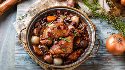 French Coq Au Vin Dish, Stew Made With Rooster,Cooked in Red Wine with Mushrooms, Lardons, Onions and Garlic