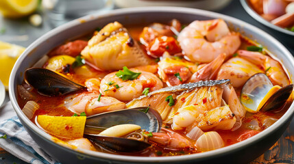 French Bouillabaisse Dish, Traditional Provençal Fish Stew Made From Various Types of Fresh Fish and Shellfish, Tomatoes, Onions, Garlic, Saffron, and Herbs