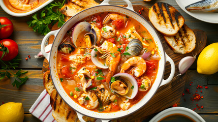 French Bouillabaisse Dish, Traditional Provençal Fish Stew Made From Various Types of Fresh Fish and Shellfish, Tomatoes, Onions, Garlic, Saffron, and Herbs