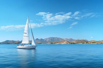 Yacht in the sea against the background of mountains and blue sky