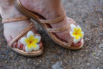 Close up of adorned feet wearing strappy sandals with plumeria flowers on a gravel