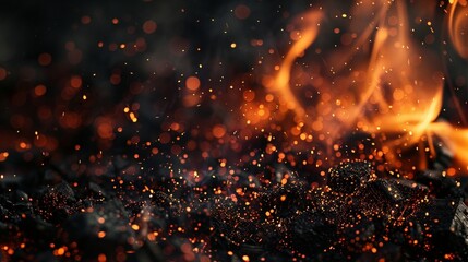 Charcoal For Barbecue Background - Hot Flames And Abstract Defocused Sparks