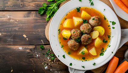 classic meatball soup with potatoes and herbs, carrot A white plate with, top view - obrazy, fototapety, plakaty