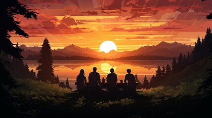 A group of four friends are sitting on a hill overlooking a lake - obrazy, fototapety, plakaty