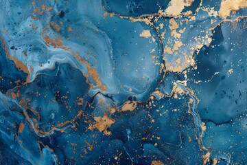 Abstract blue and gold flower design on marbled surface background