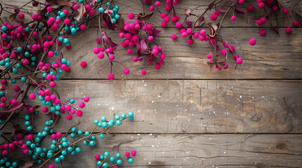 Vibrant fuchsia and teal berries set against a vintage wooden backdrop  Memorial Day.