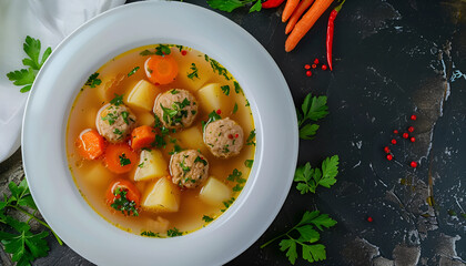 classic meatball soup with potatoes and herbs, carrot A white plate with, top view - obrazy, fototapety, plakaty