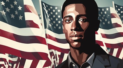 A young African-American man stands in front of a waving American flag. He is wearing a suit and tie and has a serious expression on his face. - obrazy, fototapety, plakaty