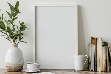 A white frame with a vase of green leaves and two cups of coffee sits on a table