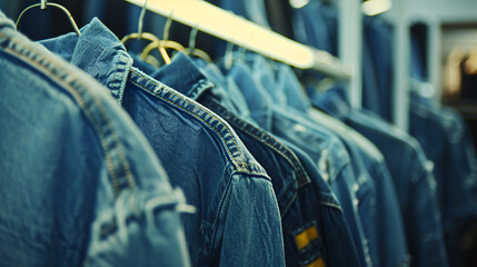 Rack with different stylish denim clothes near light white - Powered by Adobe