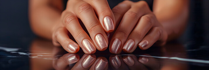 Fashionable Woman's Hand adorned with UV Gel Nails in Rose Gold