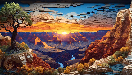 Magical scenic of grand canyon national park with filigree paper quilling art design