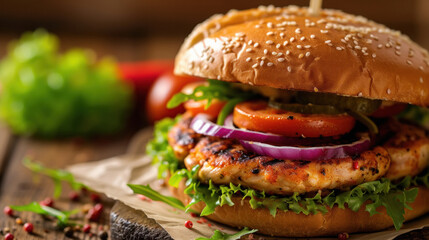 Delicious chicken burger on the table