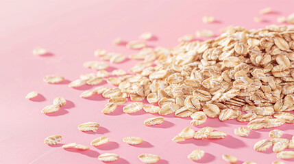 Raw oatmeal on pink background closeup