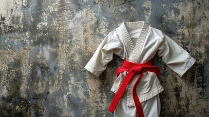 Naklejka premium Red martial arts belt and white kimono on gray textured surface seen from above