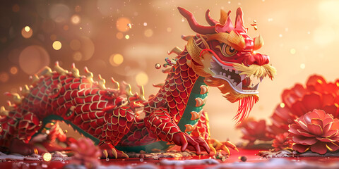 Chinese new year festival with dragon Chinese dragon digital art with flowers and bright bokeh background.