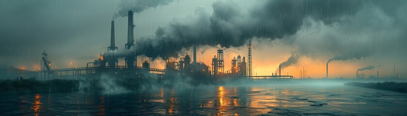 Obraz premium A factory with smoke coming out of it and a river in the background