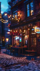 Obraz premium Bustling Cobblestone Street with Cozy Lit Pubs and Cafes Inviting Nighttime Atmosphere in Historic