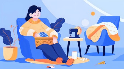 Obraz premium Happy seamstress surrounded by cozy comforts and sewing machine