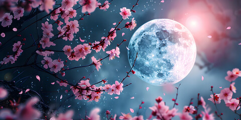 Romantic night scene beautiful pink flower blossom in night skies with full moon,  Painting with purple flowers under the moon image