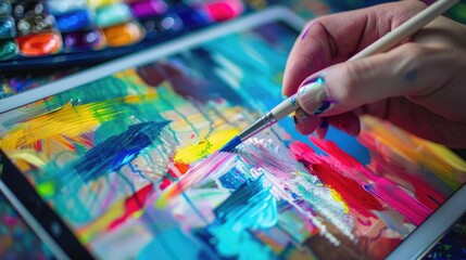 A digital artist creates a vibrant painting on a tablet. An AI assistant analyzes the artwork, suggesting color palettes, brush strokes, and potential improvements