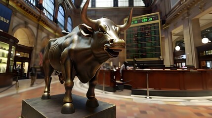 Naklejka premium Bronze Bull Statue on Display in Historic Museum Art Gallery