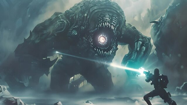 Giant Monster Confronts Soldier in Snowy Terrain with Ai generated.
