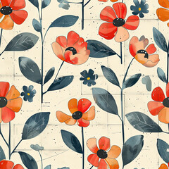 Seamless pattern of Contemporary wallpaper design featuring stylized red and orange flowers with dark leaves on a textured cream background, perfect for modern interiors.