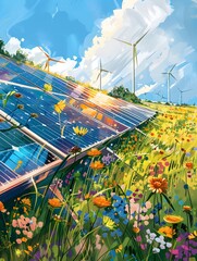 Futurist of Solar Array in Vibrant Field of Wildflowers and Wind Turbines on Serene Countryside