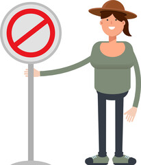 Woman in Hat Character and Prohibition Signage
