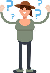 Woman in Hat Character and Question Marks
