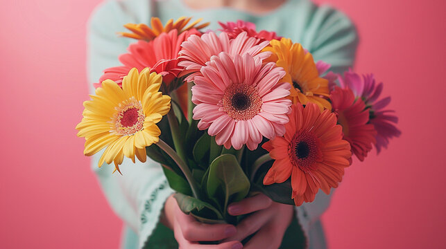Crop anonymous person demonstrating bunch of colorful flowers against pink background